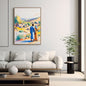 Vertical framed Post-Impressionist Style Illustration canvas art depicting a couple in robes standing in a bright, vibrant Landscape with blue sky and yellow fields. Ideal Modern, Spiritual, or Contemporary Living Room Decor.