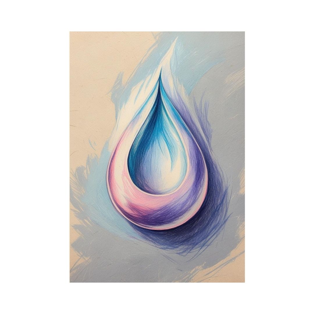 Vertical Abstract Illustrative Wall Art depicting a stylized Tear-Drop or Water Droplet shape in soft Blue and Pink Watercolor tones. Ideal Spiritual, Zen, or Tranquil Living Room Decor.