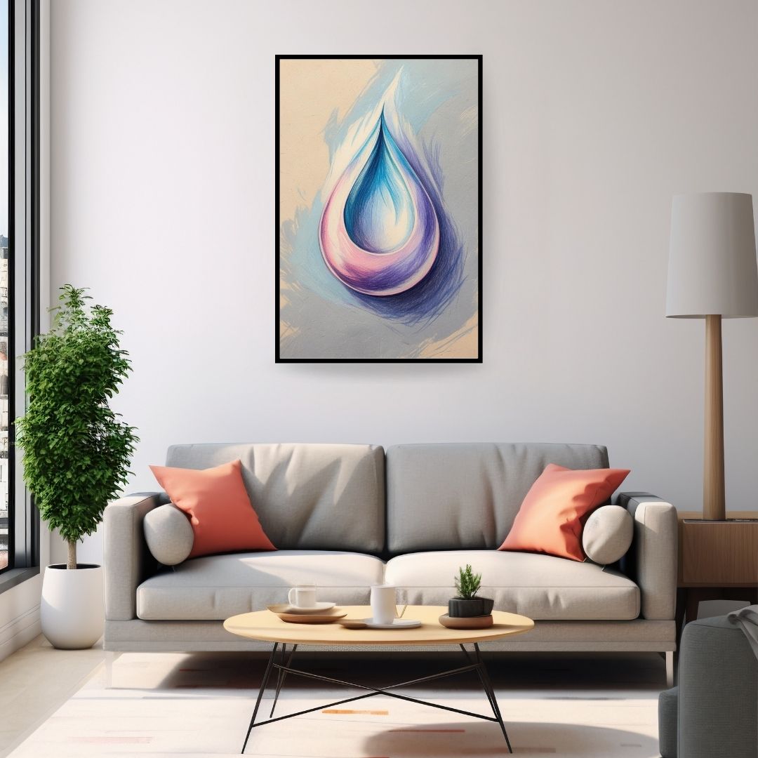 Vertical framed Abstract Illustrative Wall Art canvas depicting a stylized Tear-Drop or Water Droplet shape in soft Blue and Pink Watercolor tones. Ideal Spiritual, Zen, or Tranquil Living Room Decor.