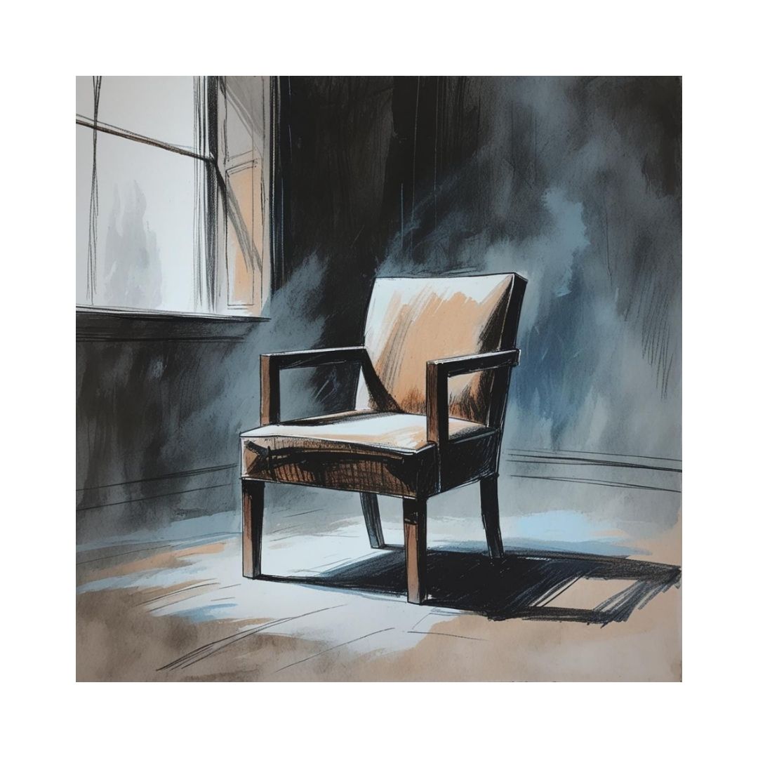 Square Moody Conceptual Sketch Art depicting a solitary Vintage Armchair bathed in light from a window in a dark, atmospheric room. Ideal Industrial, Minimalist, or Office Decor.