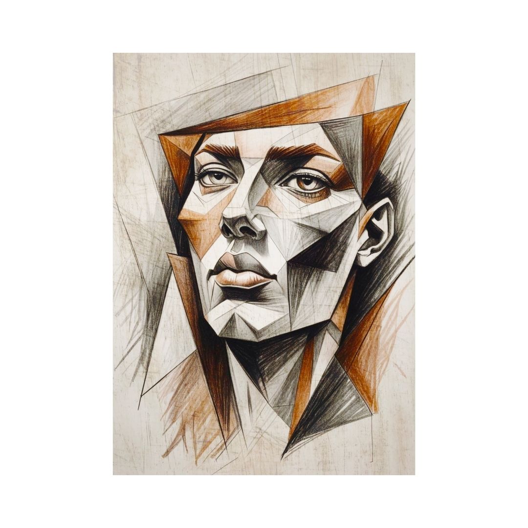 Vertical Cubism Style Portrait of a woman's face rendered in sharp, Geometric Shapes and Charcoal Sketch lines in brown and orange. Ideal Modern, Abstract, or Contemporary Living Room Decor.