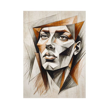 Vertical Cubism Style Portrait of a woman's face rendered in sharp, Geometric Shapes and Charcoal Sketch lines in brown and orange. Ideal Modern, Abstract, or Contemporary Living Room Decor.