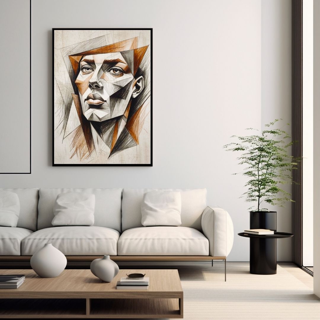 Vertical framed Cubism Style Portrait canvas print of a woman's face rendered in sharp, Geometric Shapes and Charcoal Sketch lines in brown and orange. Ideal Modern, Abstract, or Contemporary Living Room Decor.