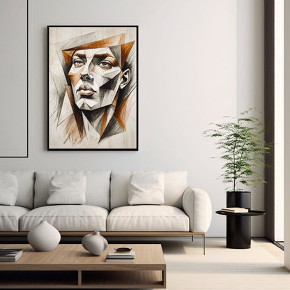Vertical framed Cubism Style Portrait canvas print of a woman's face rendered in sharp, Geometric Shapes and Charcoal Sketch lines in brown and orange. Ideal Modern, Abstract, or Contemporary Living Room Decor.