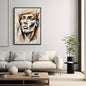 Vertical framed Cubism Style Portrait canvas print of a woman's face rendered in sharp, Geometric Shapes and Charcoal Sketch lines in brown and orange. Ideal Modern, Abstract, or Contemporary Living Room Decor.