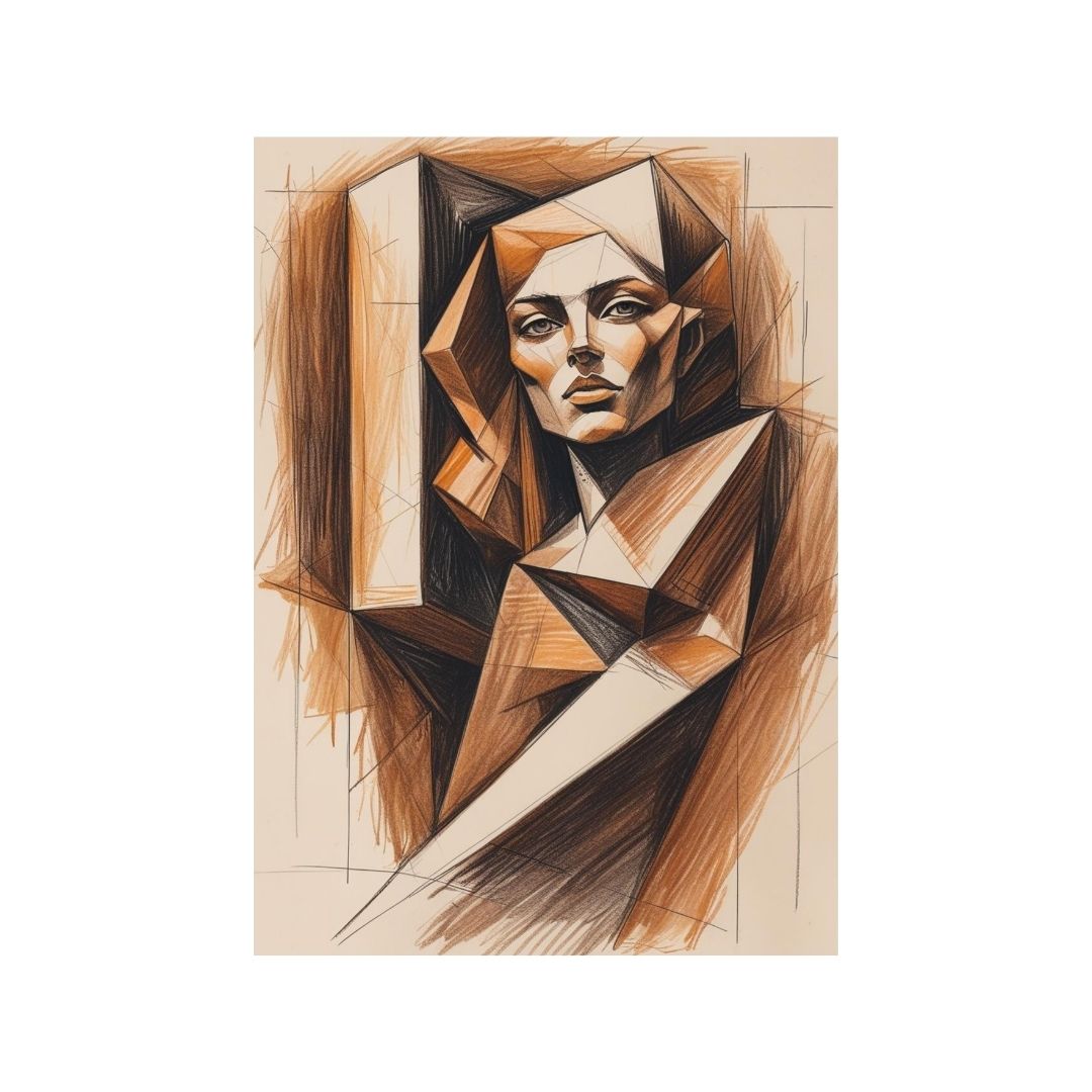 Vertical Cubism Style Portrait of a woman's face rendered in angular, geometric planes and warm Brown and Orange Sketch lines. Ideal Modern, Abstract, or Contemporary Living Room Decor.