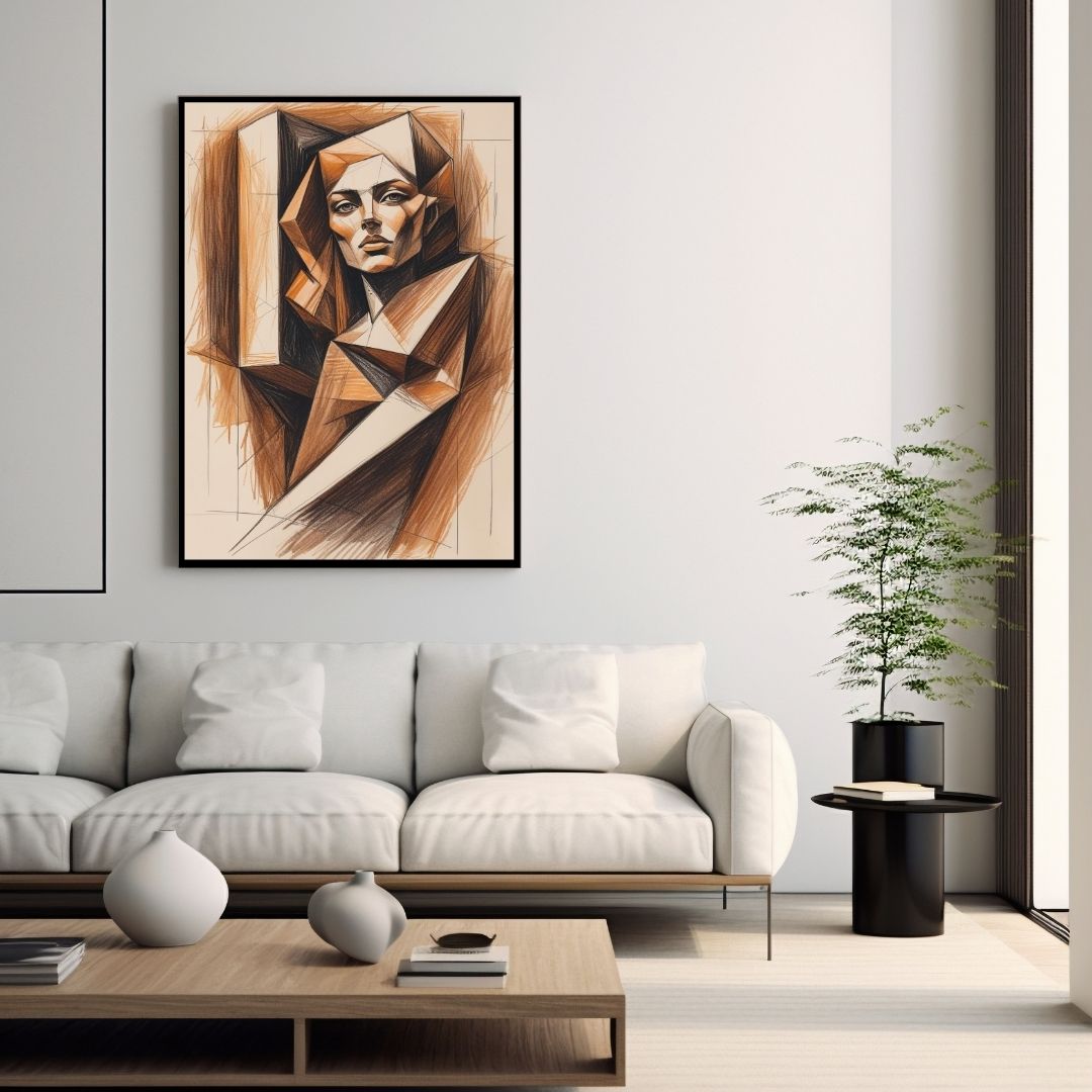 Vertical framed Cubism Style Portrait canvas print of a woman's face rendered in angular, geometric planes and warm Brown and Orange Sketch lines. Ideal Modern, Abstract, or Contemporary Living Room Decor.