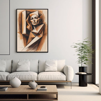 Vertical framed Cubism Style Portrait canvas print of a woman's face rendered in angular, geometric planes and warm Brown and Orange Sketch lines. Ideal Modern, Abstract, or Contemporary Living Room Decor.