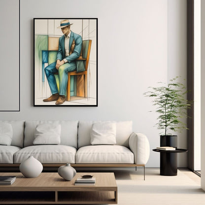 Vertical framed Contemporary Figurative Sketch Art canvas print of a seated man in a blue suit and fedora, rendered in expressive pencil strokes and blocks of color. Ideal Modern, Introspective, Living Room or Office Decor.