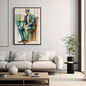 Vertical framed Contemporary Figurative Sketch Art canvas print of a seated man in a blue suit and fedora, rendered in expressive pencil strokes and blocks of color. Ideal Modern, Introspective, Living Room or Office Decor.