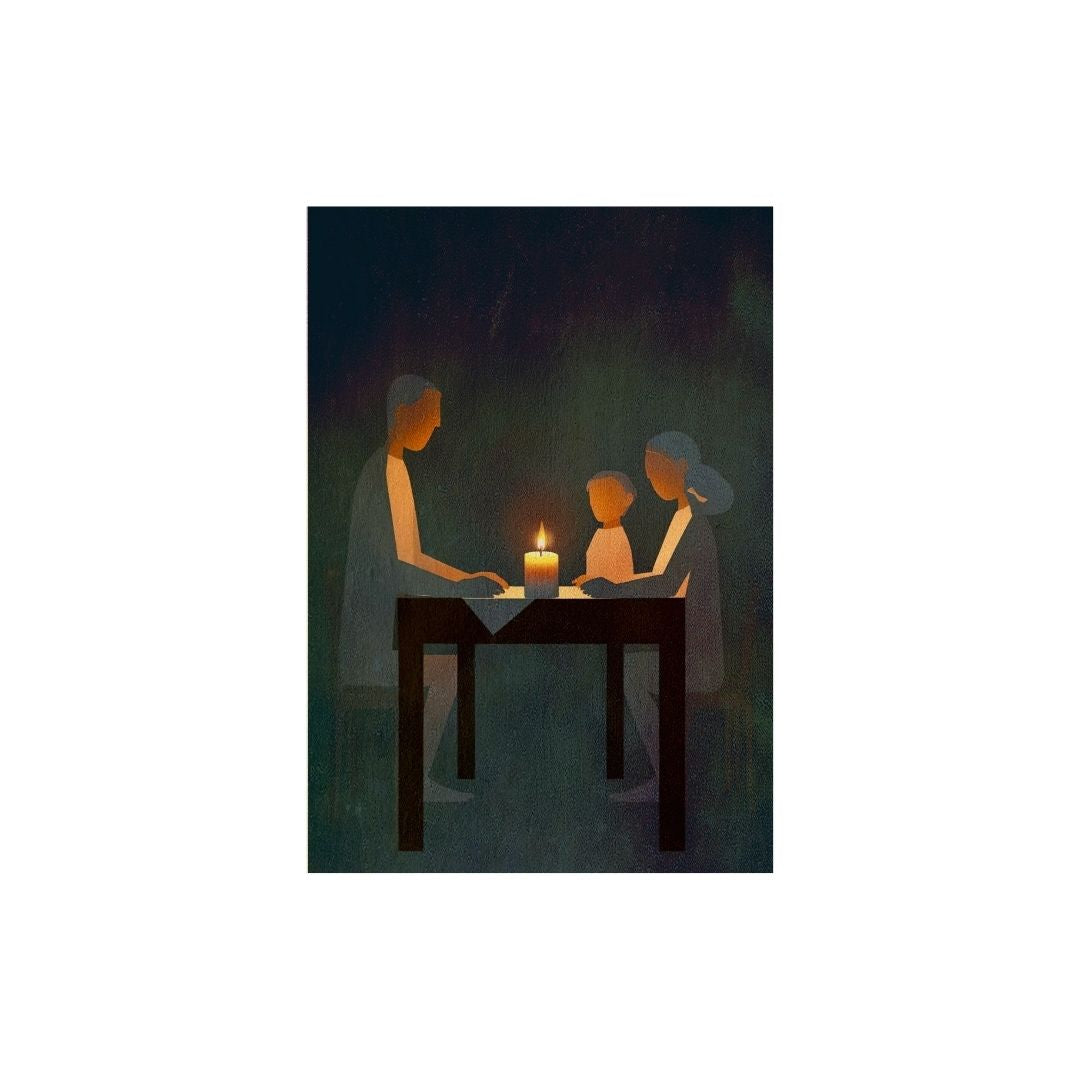 Vertical Contemporary Figurative Minimalism art depicting a family (two adults, one child) sharing an intimate moment at a table illuminated by a Single Candle. Ideal Emotional, Introspective, or Quiet Living Room Decor.