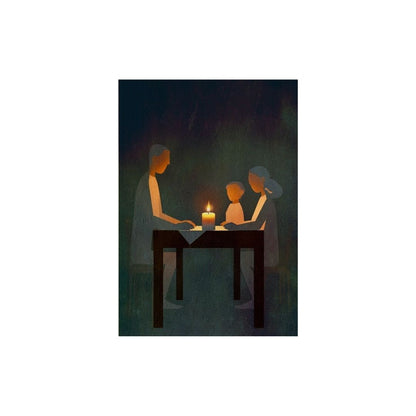 Vertical Contemporary Figurative Minimalism art depicting a family (two adults, one child) sharing an intimate moment at a table illuminated by a Single Candle. Ideal Emotional, Introspective, or Quiet Living Room Decor.