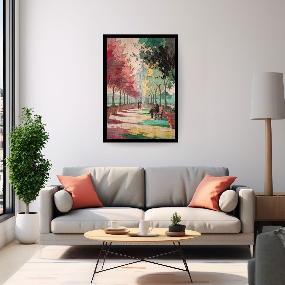 Living room with a gray sofa, coffee table, and framed artwork on the wall.