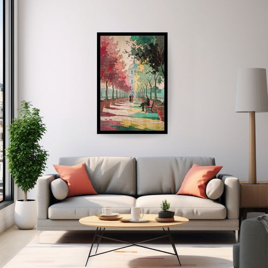 Living room with a gray sofa, coffee table, and framed artwork on the wall.