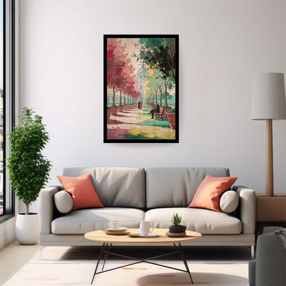 Vertical framed Expressionist Digital Art canvas print, inspired by Van Gogh, depicting a colorful park path lined with trees in Vivid, Swirling Colors. Ideal Statement Art or Eclectic Living Room Decor.
