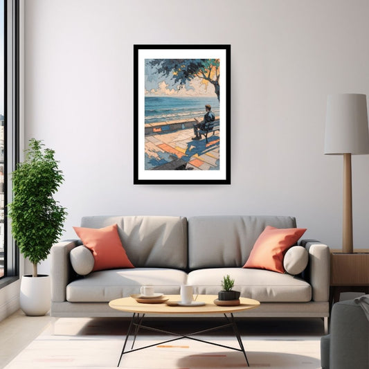 Modern living room with a gray sofa, coffee table, and framed artwork of a beach scene.
