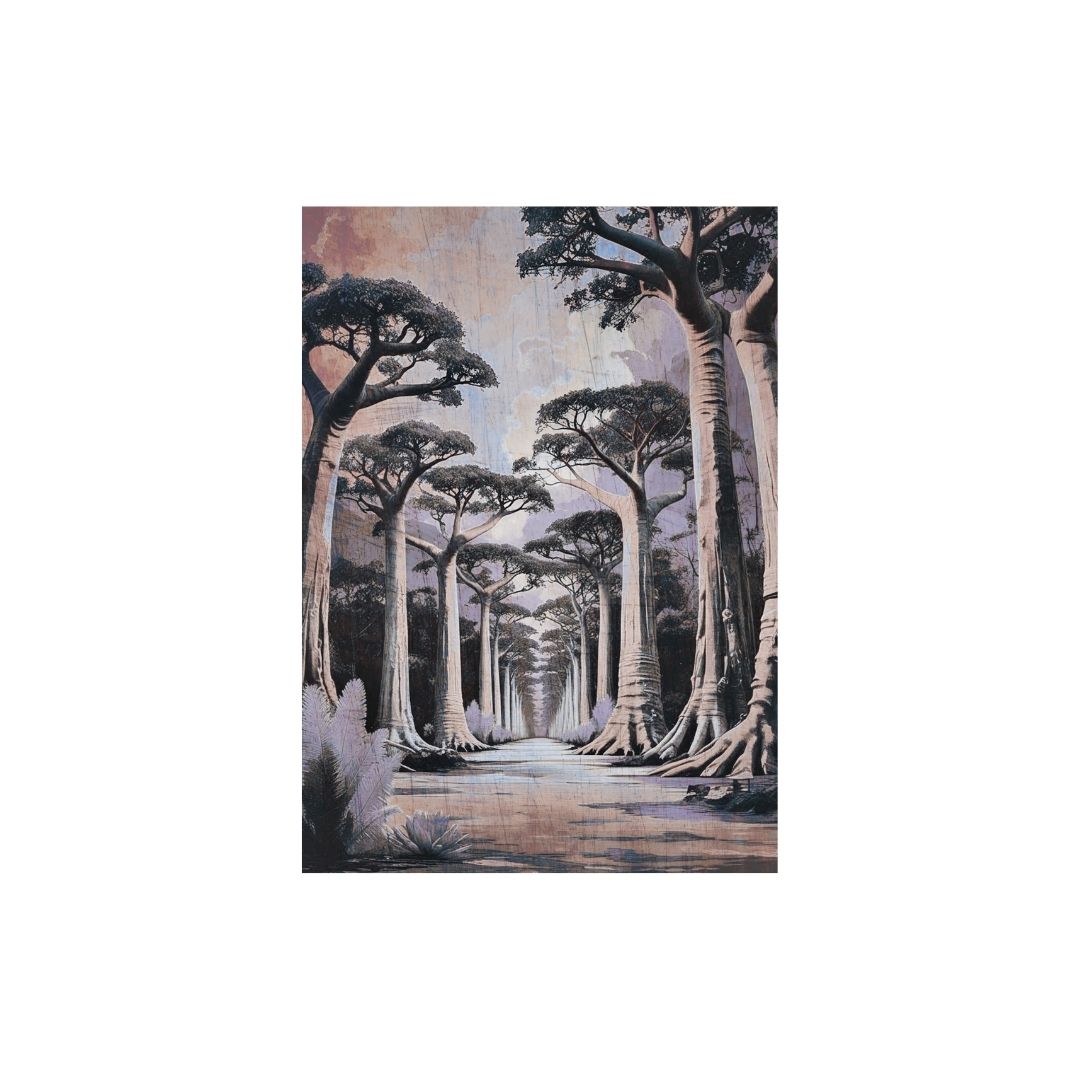 Vertical Surreal Realism Landscape art depicting a path lined with massive, towering Ancient Trees (Giants) under an atmospheric, Misty Pink Sky. Ideal Statement Art, Fantasy, or Contemporary Living Room Decor.