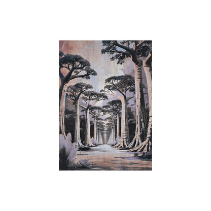 Vertical Surreal Realism Landscape art depicting a path lined with massive, towering Ancient Trees (Giants) under an atmospheric, Misty Pink Sky. Ideal Statement Art, Fantasy, or Contemporary Living Room Decor.