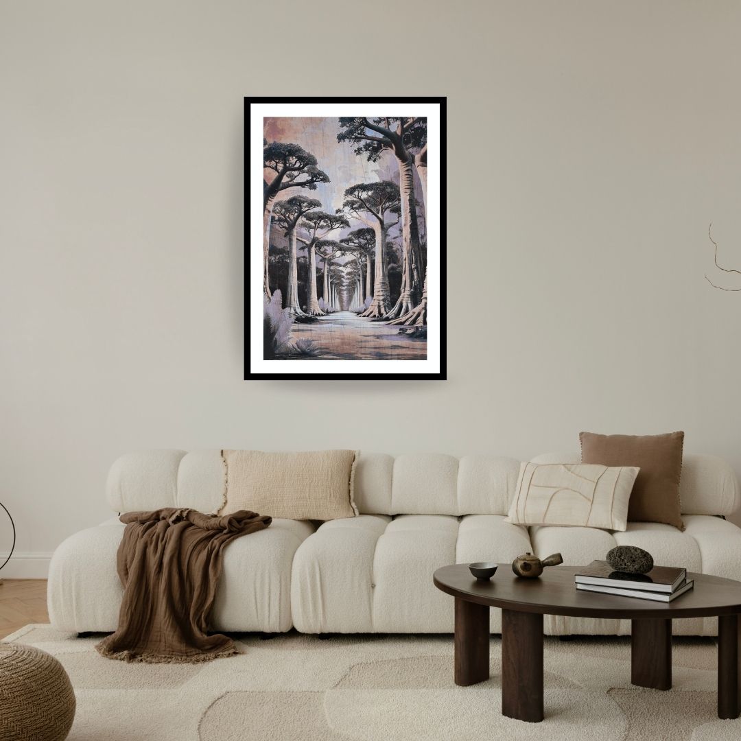Vertical framed Surreal Realism Landscape print depicting a path lined with massive, towering Ancient Trees (Giants) under an atmospheric, Misty Pink Sky. Ideal Statement Art, Fantasy, or Contemporary Living Room Decor.