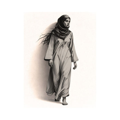 Vertical Monochrome Line Illustration art of an Arabic Woman in a long, flowing dress and headscarf, conveying movement and steady resolve. Ideal Minimalist, Contemporary, or Middle Eastern Inspired Decor.