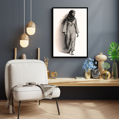 Vertical framed Monochrome Line Illustration canvas print of an Arabic Woman in a long, flowing dress and headscarf, conveying movement and steady resolve. Ideal Minimalist, Contemporary, or Middle Eastern Inspired Decor.