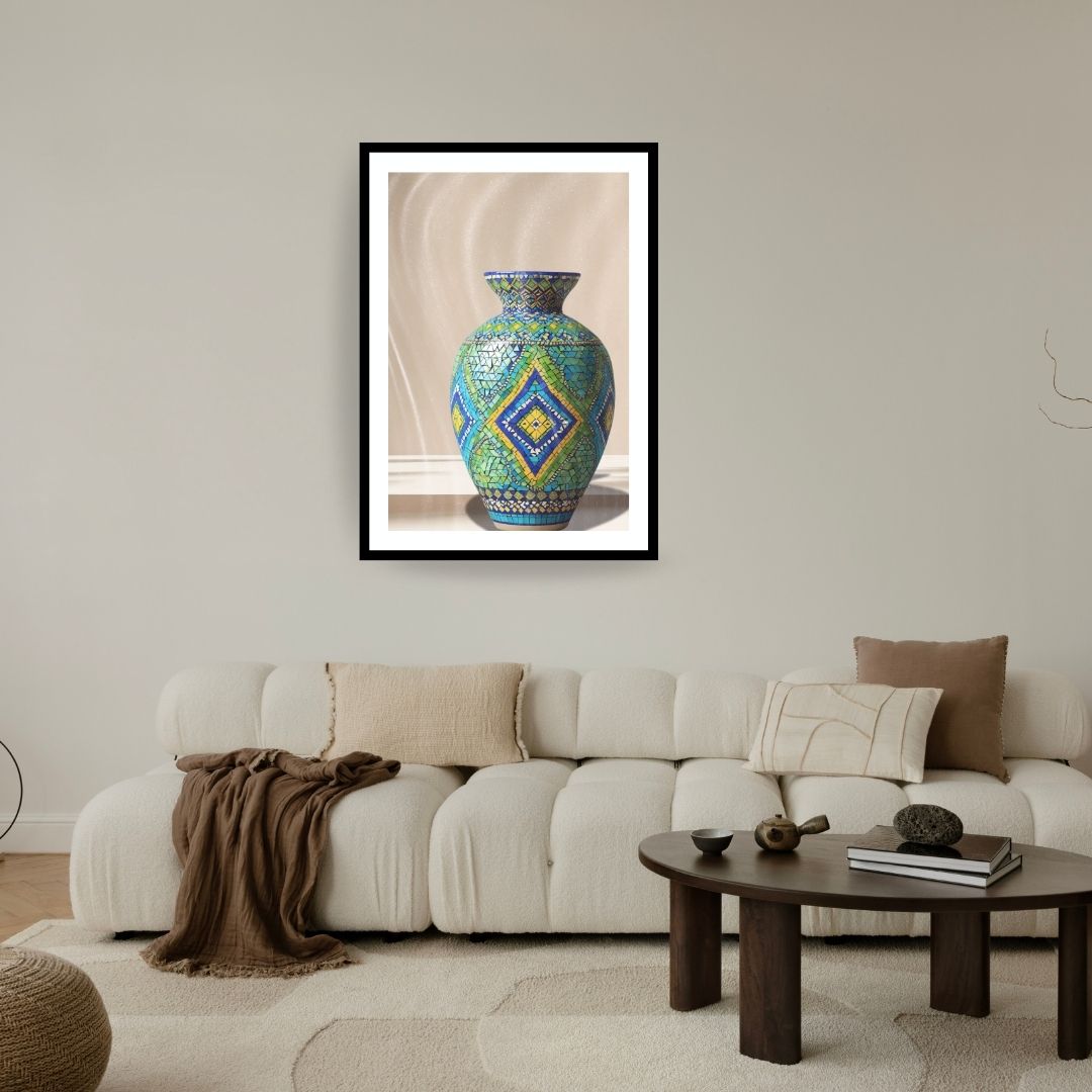 A Moroccan vase, showcasing intricate mosaic tile-work. wall art frame by wall and more