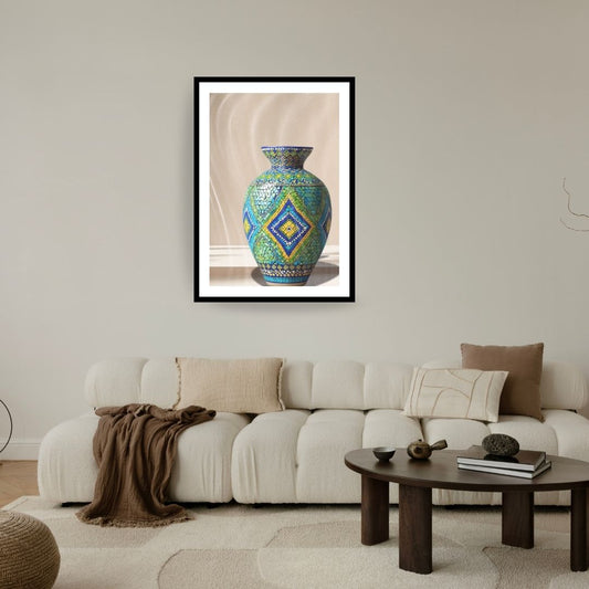 A Moroccan vase, showcasing intricate mosaic tile-work. wall art frame by wall and more