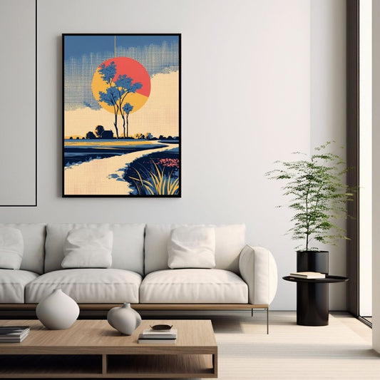 Vertical framed Minimalist Pointillism Art print depicting a Countryside Sunset with stylized trees and a large sun rendered in a half-tone/dot pattern. Ideal Modern, Retro, or Pop Art Inspired Decor.