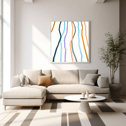 Vertical framed Minimalist Abstract Wall Art cavas featuring five wavy, vertical lines in a modern color palette of Orange, Blue, Purple, and Teal. Ideal Contemporary or Clean Scandinavian Living Room Decor.