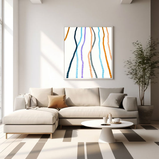 Vertical framed Minimalist Abstract Wall Art cavas featuring five wavy, vertical lines in a modern color palette of Orange, Blue, Purple, and Teal. Ideal Contemporary or Clean Scandinavian Living Room Decor.