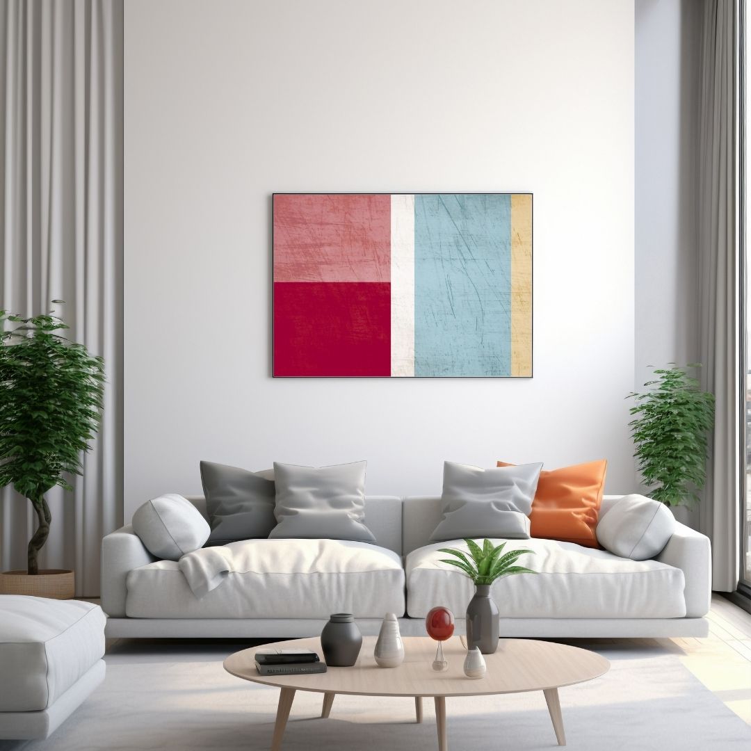 Horizontal framed Minimalist Color Block Abstract print featuring large textured blocks of Deep Red, Pale Pink, and Pale Blue/Teal, separated by a white vertical line. Ideal Modern, Geometric, or Contemporary Living Room Decor.