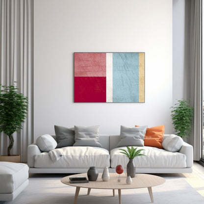 Horizontal framed Minimalist Color Block Abstract print featuring large textured blocks of Deep Red, Pale Pink, and Pale Blue/Teal, separated by a white vertical line. Ideal Modern, Geometric, or Contemporary Living Room Decor.