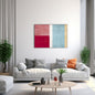 Horizontal framed Minimalist Color Block Abstract print featuring large textured blocks of Deep Red, Pale Pink, and Pale Blue/Teal, separated by a white vertical line. Ideal Modern, Geometric, or Contemporary Living Room Decor.