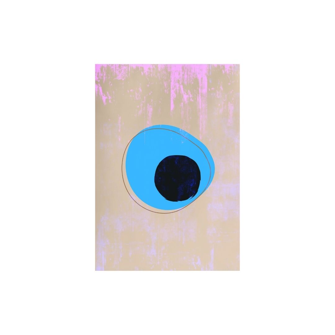 Vertical Abstract Expressionism Wall Art featuring an elongated Blue Evil Eye Motif (nazar) with a black pupil, against a textured Pink and Beige background. Ideal Bohemian, Eclectic, or Modern Decor accent.