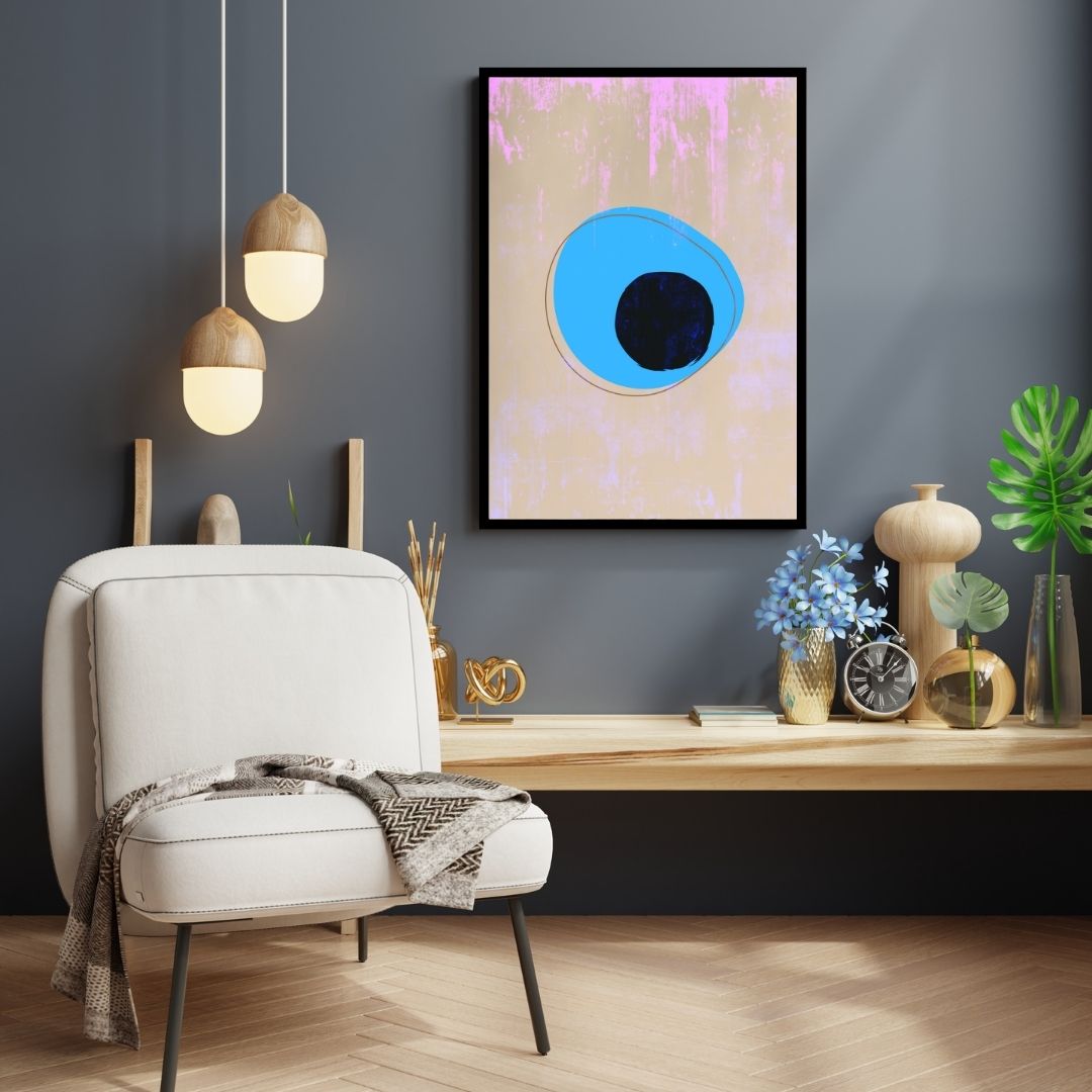 Vertical framed Abstract Expressionism Wall Art canvas featuring an elongated Blue Evil Eye Motif (nazar) with a black pupil, against a textured Pink and Beige background. Ideal Bohemian, Eclectic, or Modern Decor accent..