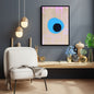 Vertical framed Abstract Expressionism Wall Art canvas featuring an elongated Blue Evil Eye Motif (nazar) with a black pupil, against a textured Pink and Beige background. Ideal Bohemian, Eclectic, or Modern Decor accent..