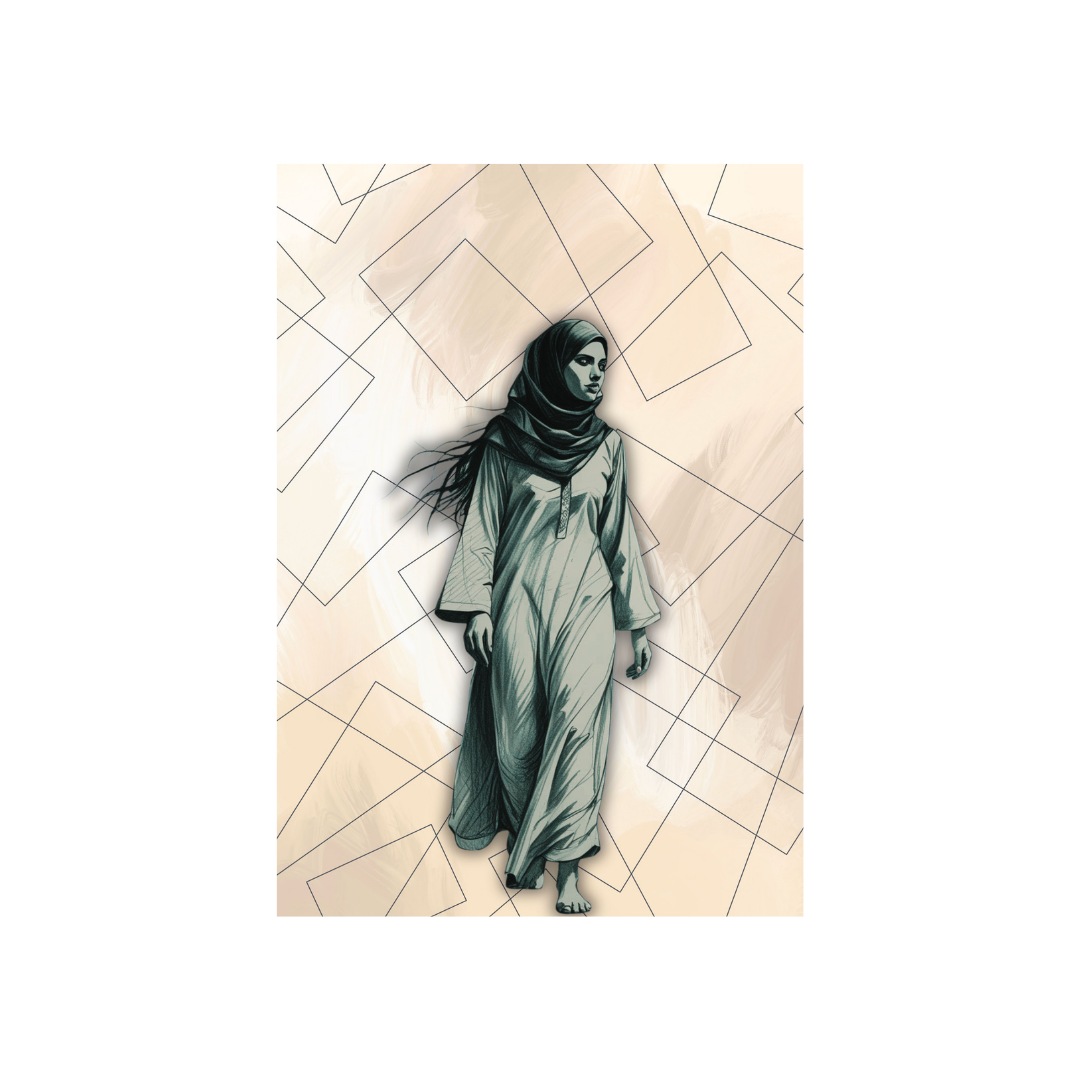 Illustration of a woman in a hijab and long dress on a geometric patterned background