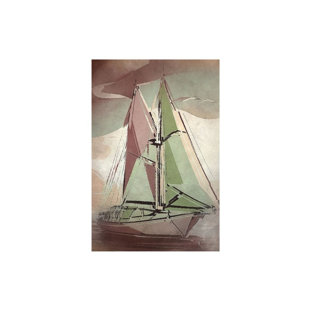 Abstract painting of a sailboat with geometric shapes on a white background
