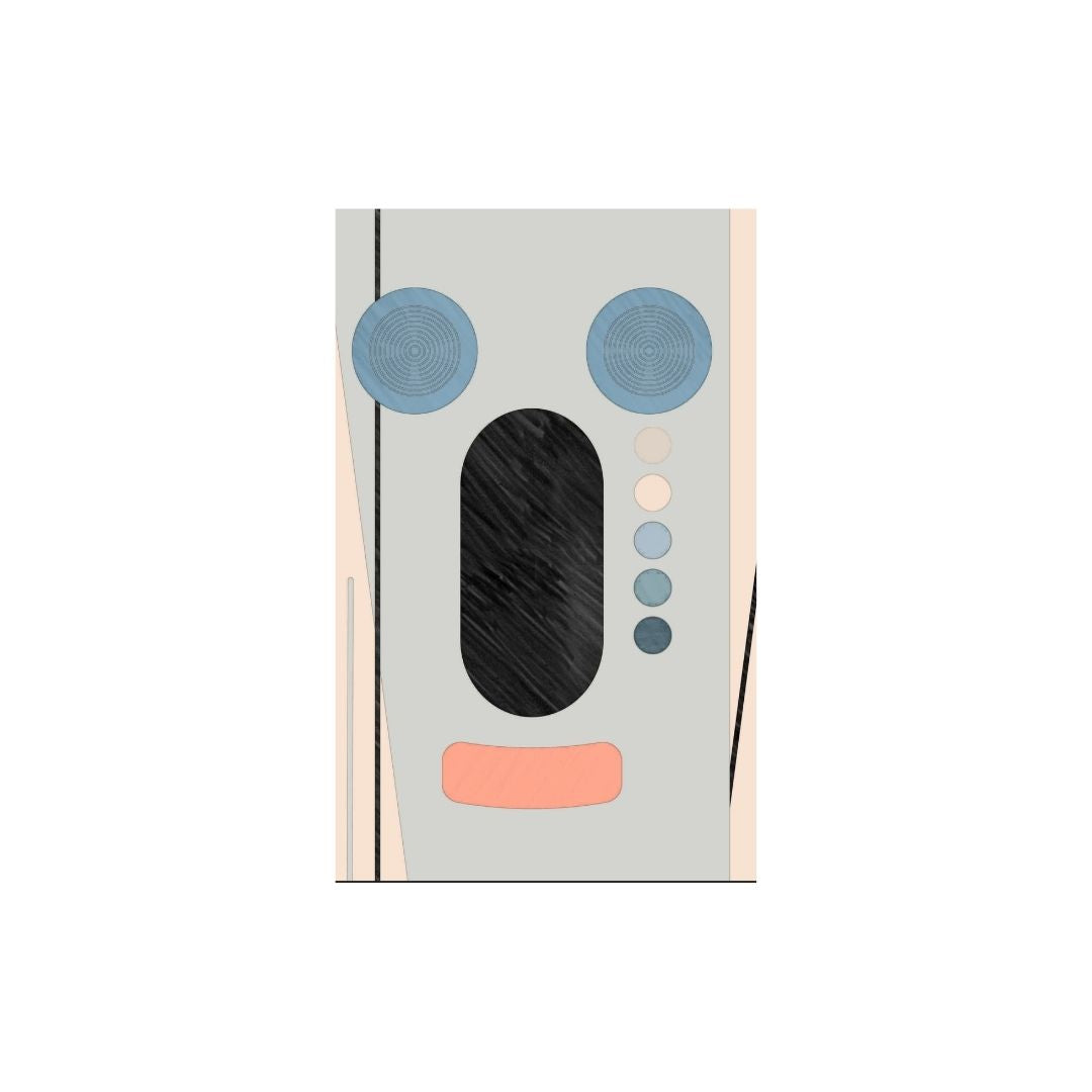 Vertical framed Minimalist Geometric Abstract Art depicting a stylized Crying Clown Face using shapes in Gray, Black, Blue, and Coral tones. Ideal Modern, Bauhaus-Inspired, or Contemporary Decor accent.