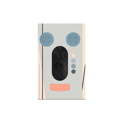Vertical framed Minimalist Geometric Abstract Art depicting a stylized Crying Clown Face using shapes in Gray, Black, Blue, and Coral tones. Ideal Modern, Bauhaus-Inspired, or Contemporary Decor accent.
