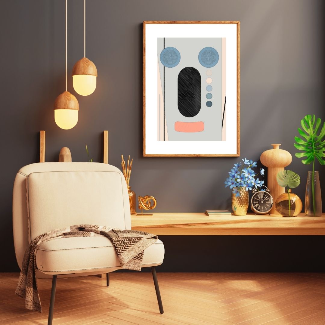 Vertical framed Minimalist Geometric Abstract Art print depicting a stylized Crying Clown Face using shapes in Gray, Black, Blue, and Coral tones. Ideal Modern, Bauhaus-Inspired, or Contemporary Decor accent.