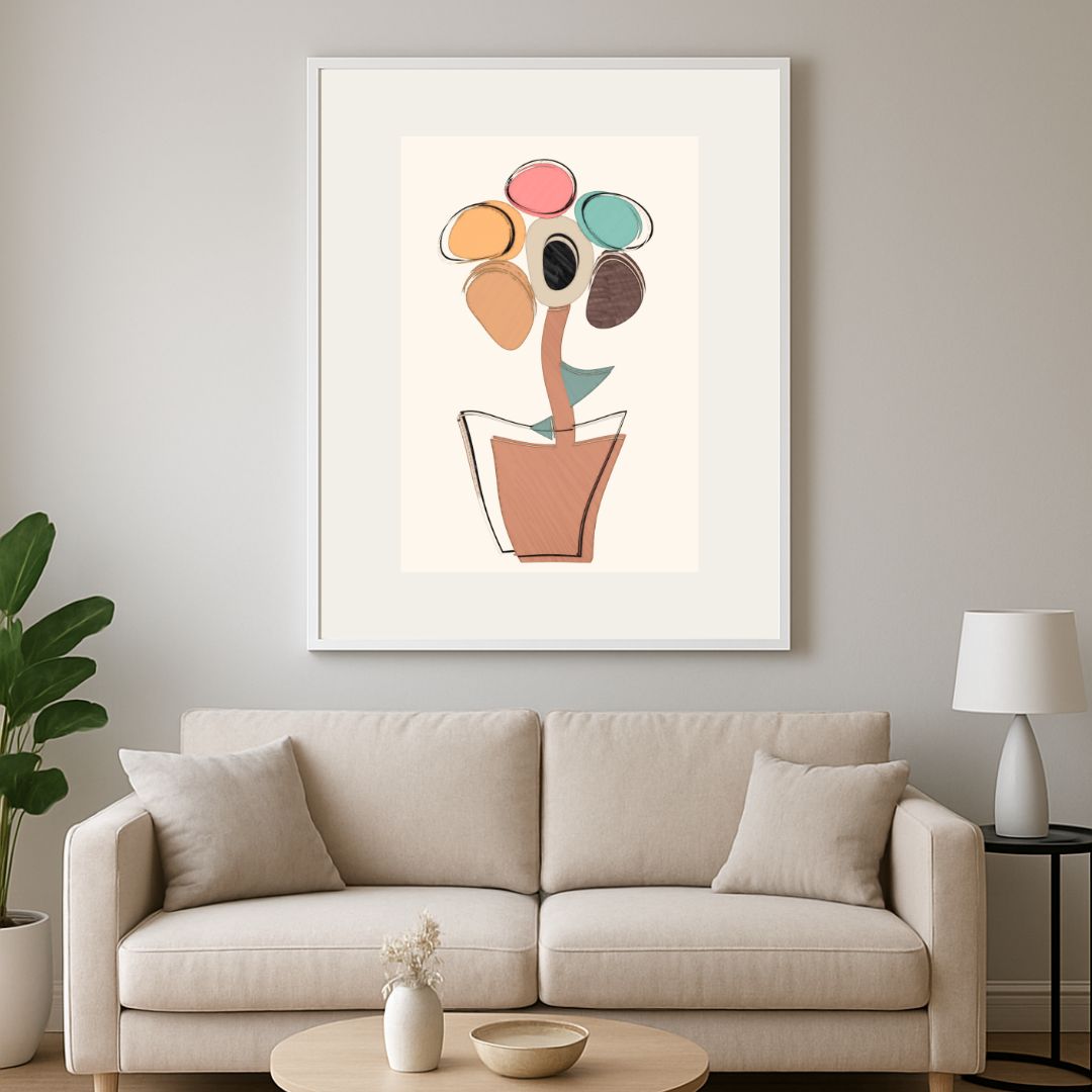 A stylized abstract playful geometric and soft floral design. wall art canvas frame
