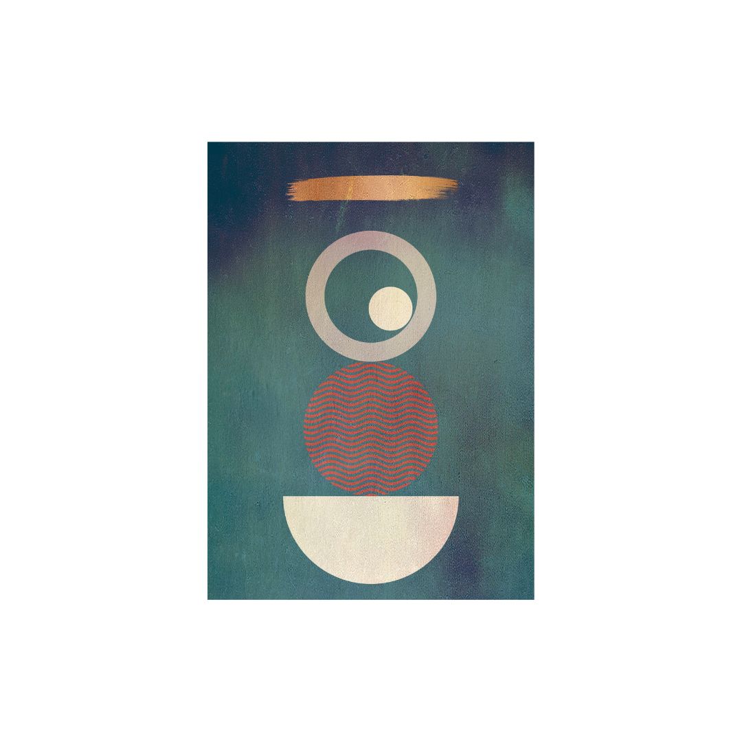 Vertical Minimalist Geometric Abstract Art depicting Equilibrium—a stack of balanced shapes (circle, semi-circle, bowl) with a gold streak on a dark Teal background. Ideal Modern, Contemporary, Office or Living Room Decor.