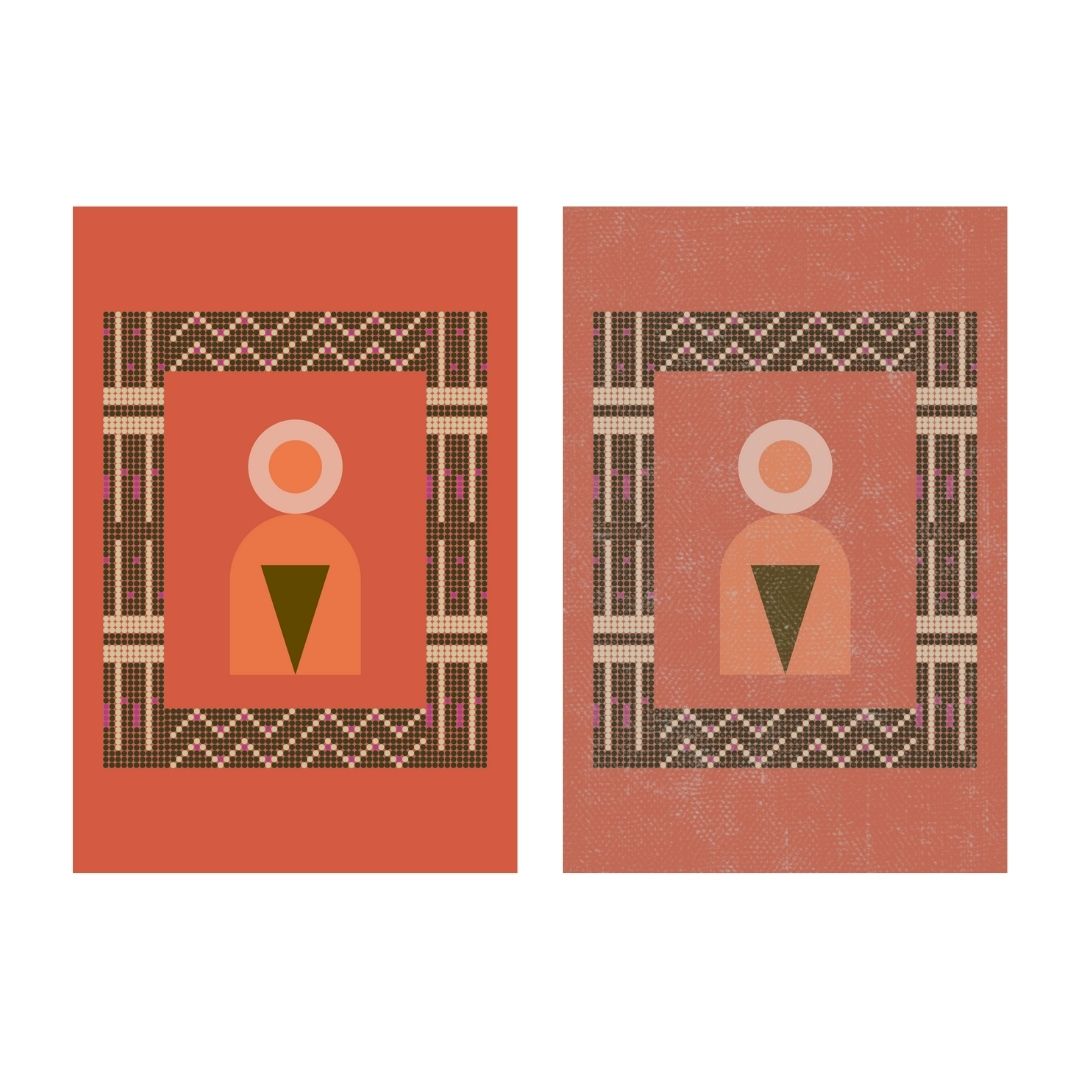 Geometric Abstract Wall Art  featuring Indigenous-Inspired Motifs and Textile Patterns in Terracotta, Beige, and Dark Red tones. Ideal Bohemian, Eclectic, or Modern Living Room Decor.