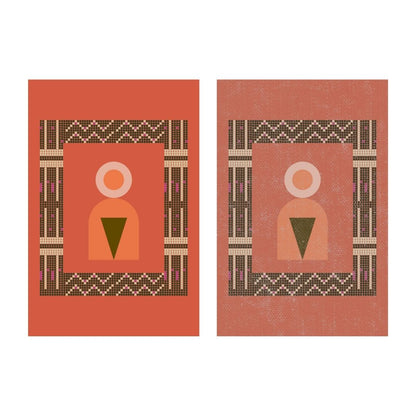 Geometric Abstract Wall Art  featuring Indigenous-Inspired Motifs and Textile Patterns in Terracotta, Beige, and Dark Red tones. Ideal Bohemian, Eclectic, or Modern Living Room Decor.