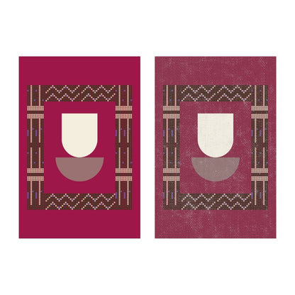 Vertical Geometric Abstract Wall Art inspired by Indigenous Motifs, featuring a U-shape within a pixellated border in Deep Magenta, Burgundy, and Brown tones. Ideal Bohemian, Eclectic, or Modern Textile Art.