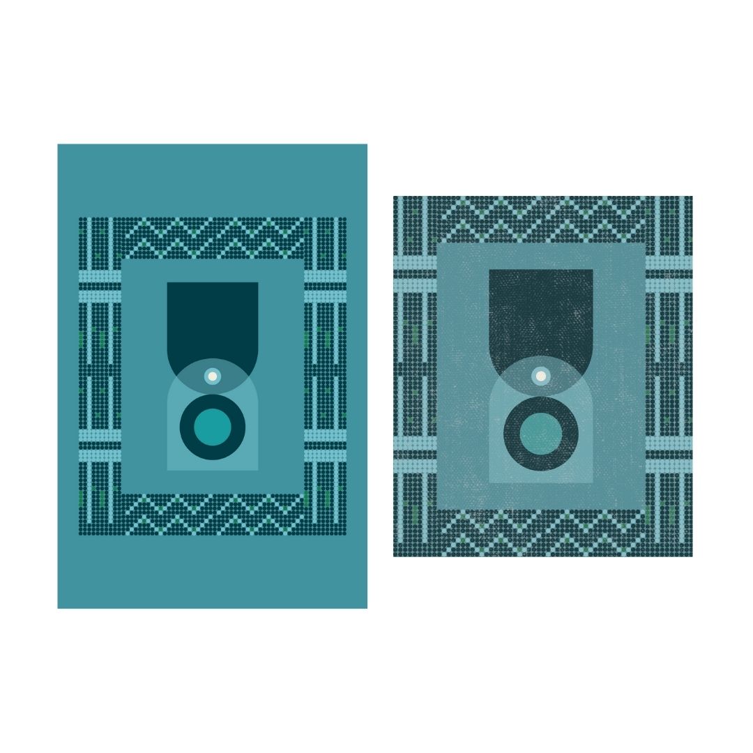 Geometric Abstract Wall Art featuring Indigenous-Inspired Motifs and Textile Patterns in Teal and Blue-Green tones with a distressed, pixellated texture. Ideal Bohemian, Eclectic, or Modern Living Decor.