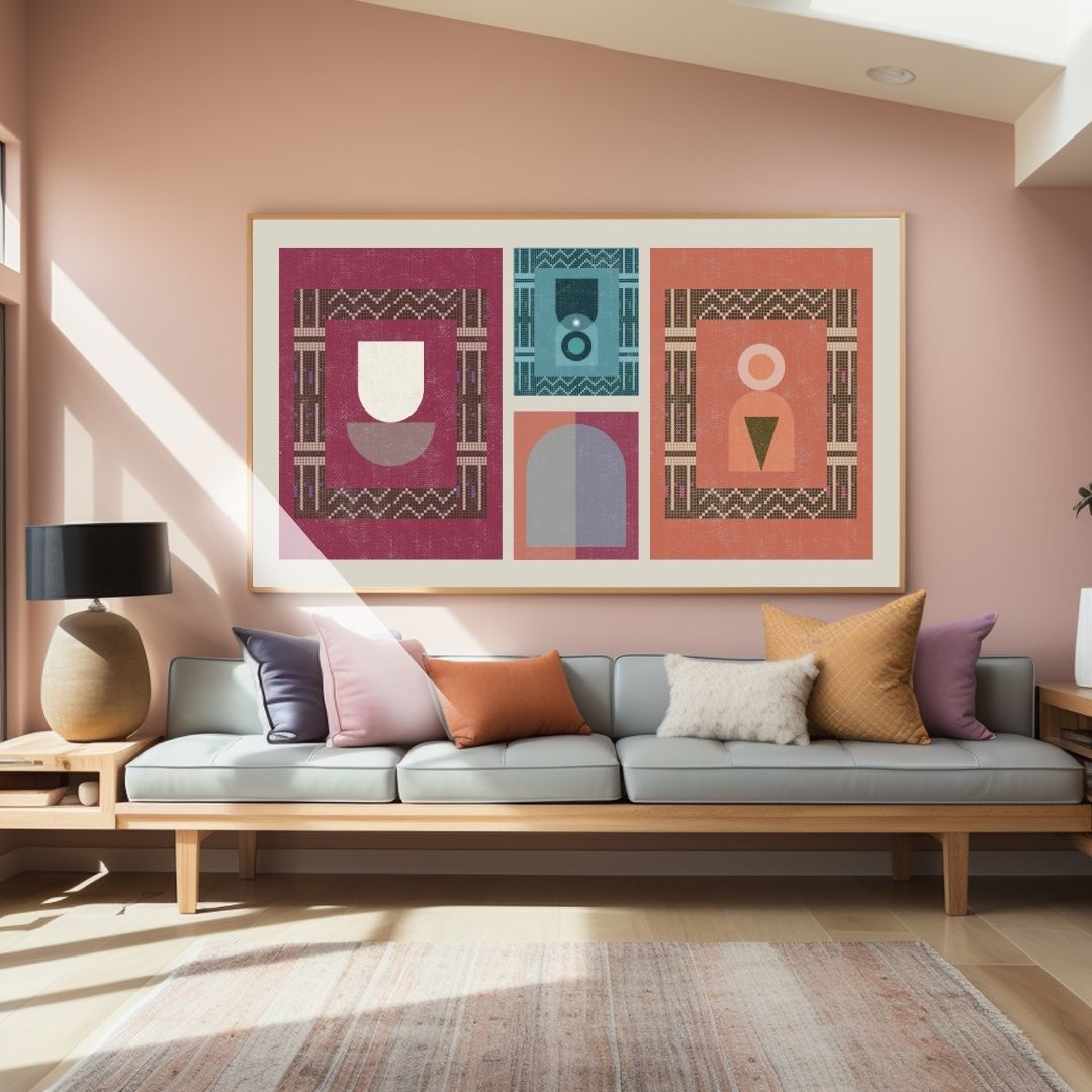 Stylized geometric abstract shapes within African pattern frame. Wall art canvas frame by wall and more