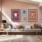 Four-Piece Geometric Abstract Framed Wall Art Set inspired by Indigenous Motifs and Textile Patterns in a modern style using Magenta, Terracotta, and Teal colors. Ideal Bohemian, Eclectic, or Mid-Century Modern Decor.