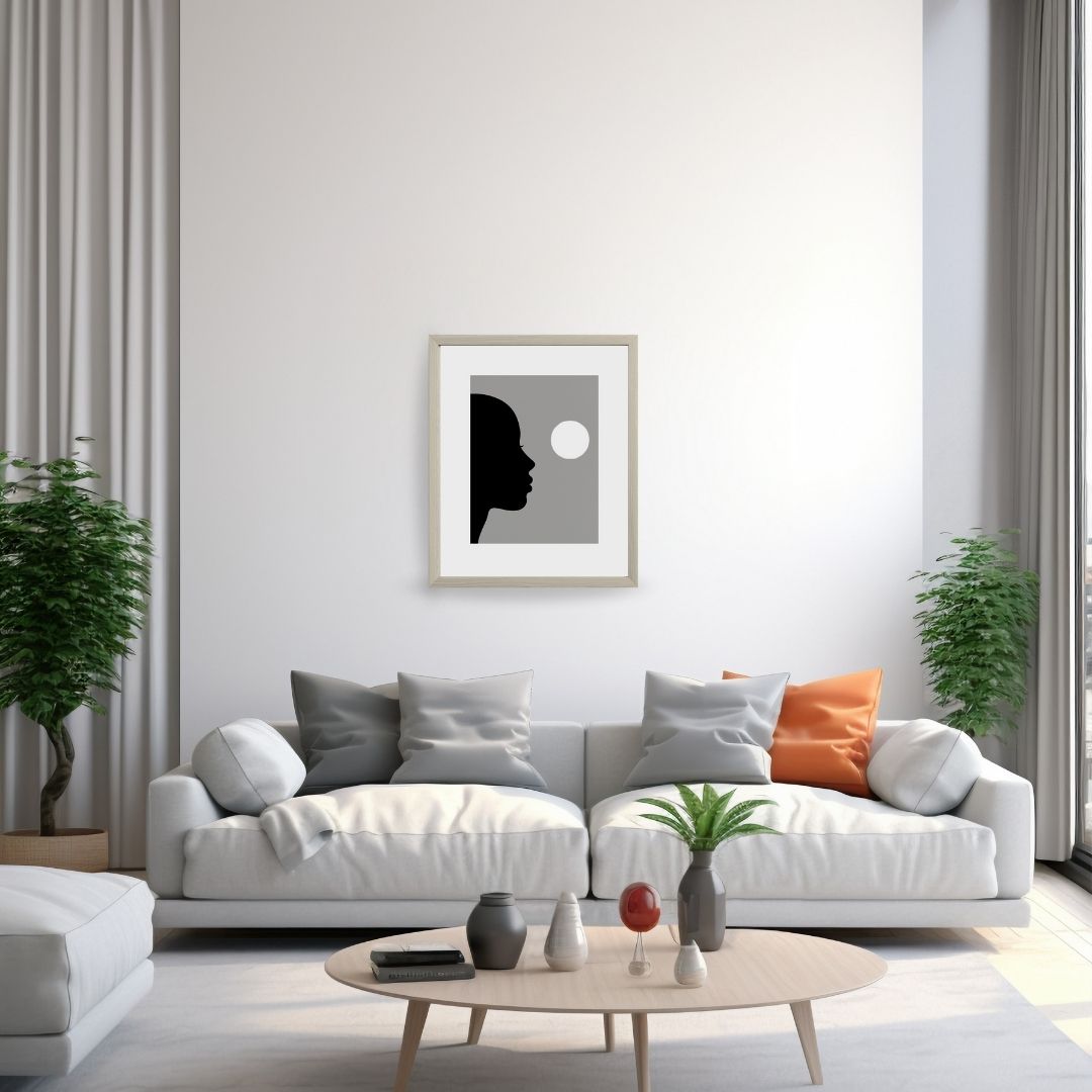 Vertical framed Minimalist Portrait Art canvas featuring a Black Silhouette of a Woman's Profile facing a white circle against a medium gray background. Ideal Contemporary, Modern, or Scandinavian Living Room Decor.